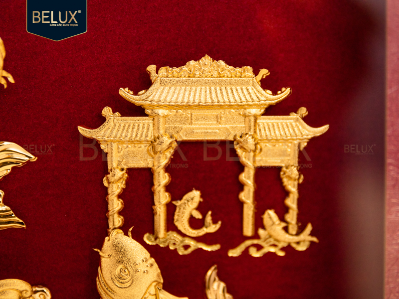 Tranh Cá Chép Vượt Vũ Môn Dát Vàng 24k- 25x20cm